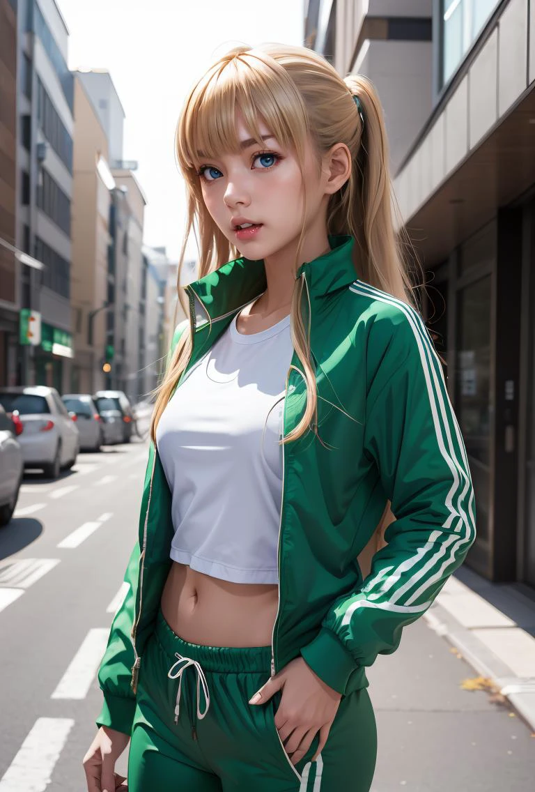 (masterpiece, best quality), 1girl, <lora:sawamura_spencer_eriri_v1:0.8> aaeriri, long hair, fang, track jacket, green jacket, long sleeves, track pants, green pants,