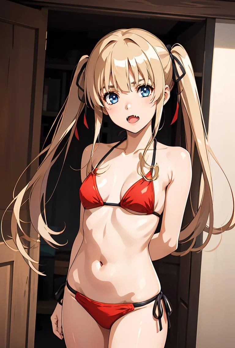 (masterpiece, best quality), 1girl, <lora:sawamura_spencer_eriri_v1:0.8> aaeriri, long hair, twintails, hair ribbon, fang, red bikini, string bikini
