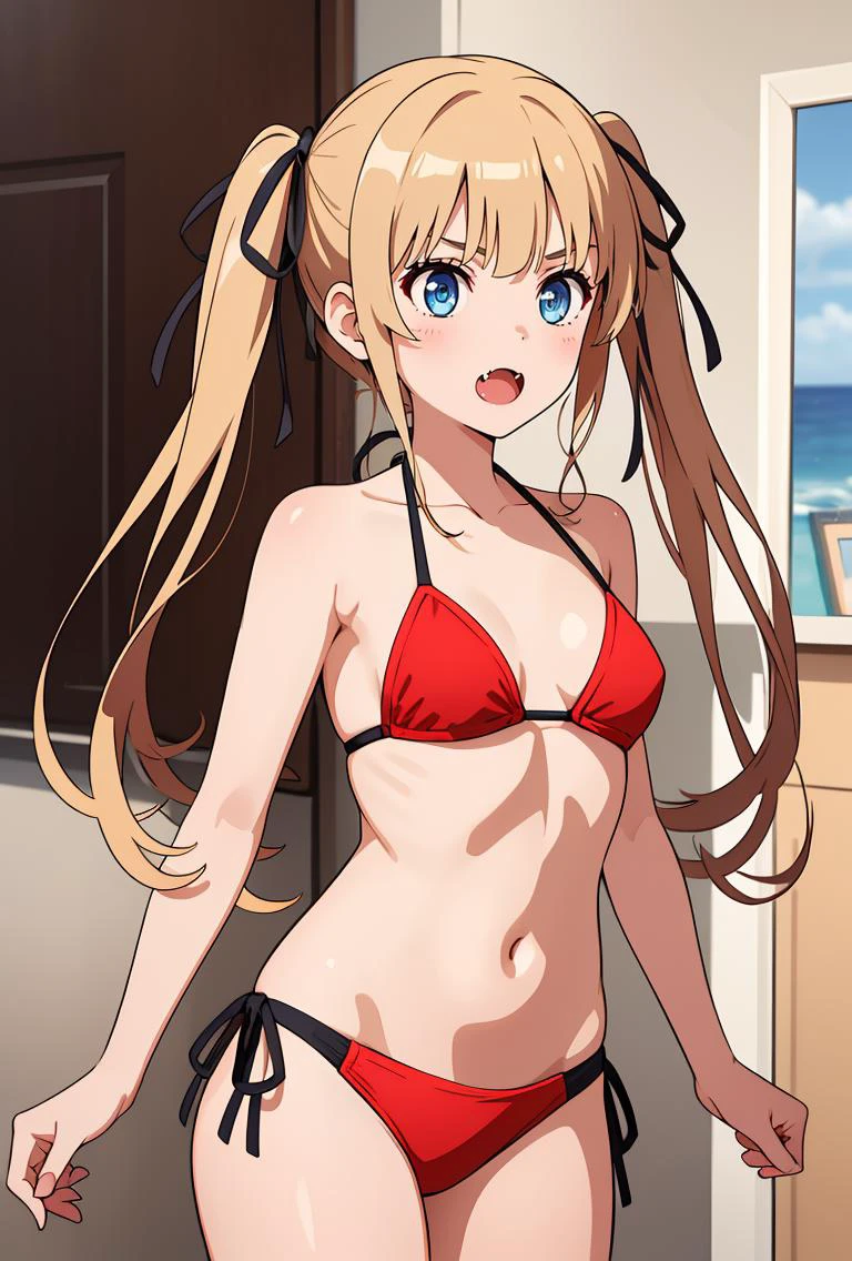 (masterpiece, best quality), 1girl, <lora:sawamura_spencer_eriri_v1:0.8> aaeriri, long hair, twintails, hair ribbon, fang, red bikini, string bikini
