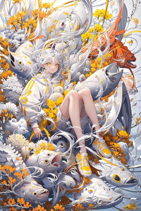 (masterpiece:1.2),best quality,PIXIV,White hell,
1girl,fish,long hair,solo,flower,looking at viewer,yellow eyes,floating hair,long sleeves,bubble,white hair,air bubble,shoes,white footwear,goldfish,coral,smile,shell,underwater,very long hair,clownfish,yellow flower,jellyfish,seashell,orange flower,white shorts,orange theme,parted lips,white theme,snake,animal,bare legs,shorts,dress,white dress,<lora:White hell-000018:1>,