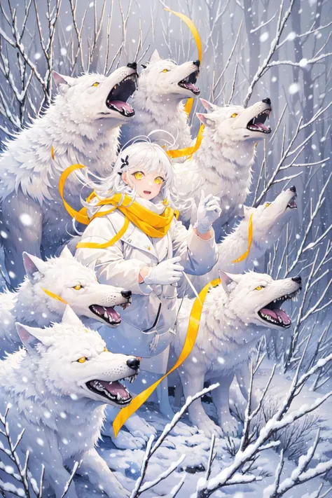 -1girl, white hair, snow, snowing, yellow eyes, long hair, ribbon, wolf, tree, gloves, white theme, coat, scarf, winter, outdoors, winter clothes, yellow ribbon, long sleeves, hair ribbon, animal, looking at viewer, open mouth, white gloves, solo,White hell,<lora:White hell-000018:0.9>,