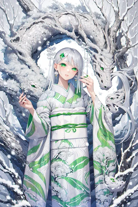 -1girl, kimono, japanese clothes, green eyes, hair ornament, obi, sash, looking at viewer, solo, tree, long hair, white theme, white kimono, dragon, eastern dragon, parted lips, snake, long sleeves, white hair, snow, bangs, head tilt, pine tree, snowing, branch, wide sleeves, hairclip, print kimono, grey hair,White hell,<lora:White hell-000018:0.9>,