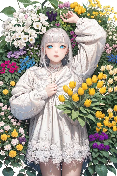 -flower, 1girl, tulip, pink flower, solo, white flower, blue flower, yellow flower, purple flower, dress, bangs, cowboy shot, leaf, white dress, looking at viewer, long sleeves, on back, long hair, blue eyes, holding, orange flower, white hair, white background, lying, frills, holding flower, plant, rose,White hell,<lora:White hell-000018:0.9>,