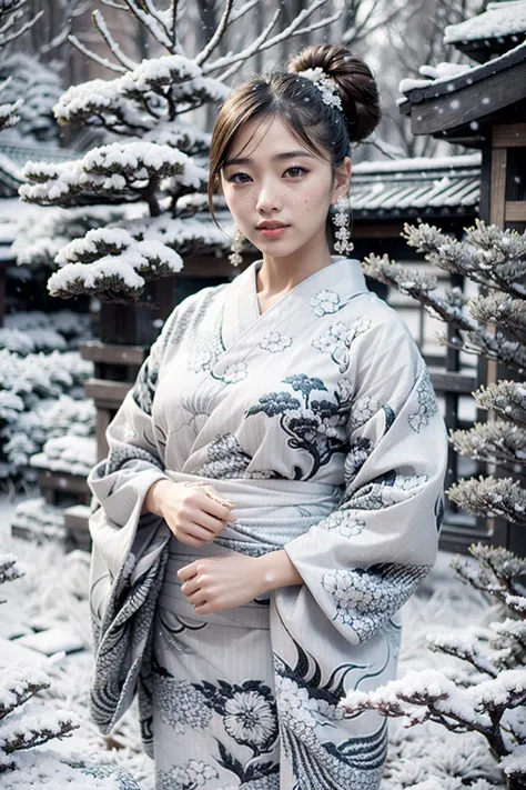 (realistic:1.3), finely detailed, quality, rembrandt lighting, (masterpiece:1.2), (photorealistic:1.2), (best quality), (detailed skin:1.3), (intricate details), dramatic, ray tracing, 1girl, japanese girl, 21 years old, detailed skin texture, (blush:0.5), (goosebumps:0.5), subsurface scattering, smiling, medium breasts, updo hair, bangs, hair between eyes, hair ornaments, kimono, japanese clothes, floral print, white hell, (bright sunny day, outdoors, snow, japanese garden),  <lora:White hell:0.9>