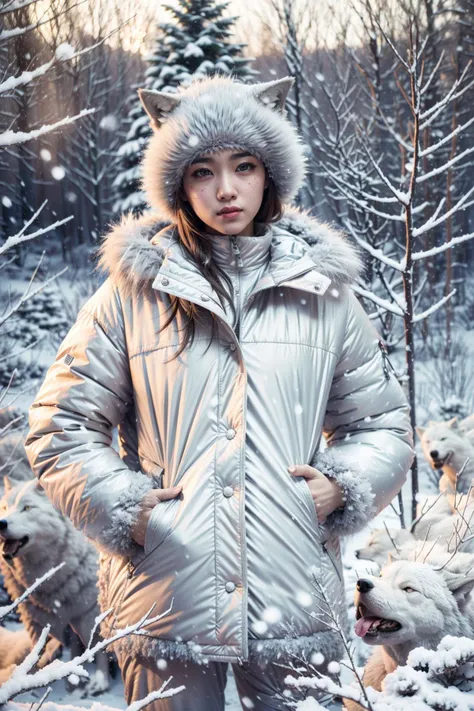 (realistic:1.3), finely detailed, quality, rembrandt lighting, (masterpiece:1.2), (photorealistic:1.2), (best quality), (detailed skin:1.3), (intricate details), dramatic, ray tracing, 1girl, japanese girl, 21 years old, detailed skin texture, (blush:0.5), (goosebumps:0.5), subsurface scattering, smiling, medium breasts, short hair curls, bangs, hair between eyes, puffy winter jacket, fur trim, pants, (white wolves:1.3), white hell, (bright sunny day, outdoors, snow, forest),  <lora:White hell:0.9>