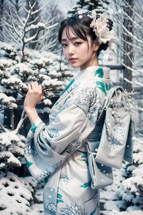 (realistic:1.3), finely detailed, quality, rembrandt lighting, (masterpiece:1.2), (photorealistic:1.2), (best quality), (detailed skin:1.3), (intricate details), dramatic, ray tracing, 1girl, japanese girl, 21 years old, detailed skin texture, (blush:0.5), (goosebumps:0.5), subsurface scattering, smiling, medium breasts, updo hair, bangs, hair between eyes, hair ornaments, kimono, japanese clothes, floral print, white hell, (bright sunny day, outdoors, snow, japanese garden), <lora:White hell:0.9>