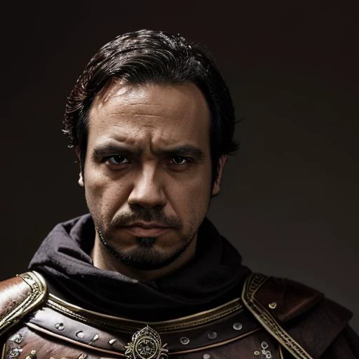 1boy, man, solo, aastier, facial hair, portrait, looking at the viewer, displeased , focus on face,  male focus, blurry background, crown, armor, cape, <lora:Alexandre_Astier:1>