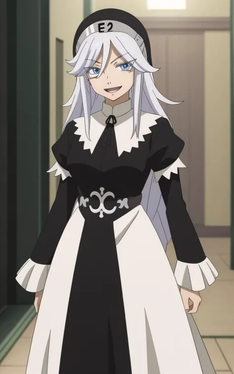 anime, sisry, 1woman, blue eyes, gray eyebrows, long white hair and eyelashes, a long-sleeved black nun's habit with "E2" on the headpiece, knee-length brown boots, mechanical seam across forehead, smile open mouth, standing in a room, 8k, Unreal Engine 5, octane render, by kyun, gamang, Yoon Gon-Ji, g.ho, gosonjak, shuroop, serious, domi, noah, trending on pixiv, fanbox, skeb, masterpiece, smooth soft skin, big dreamy eyes, beautiful intricate colored hair, symmetrical, anime wide eyes, soft lighting, concept art, digital painting, <lora:sisry:0.55>
