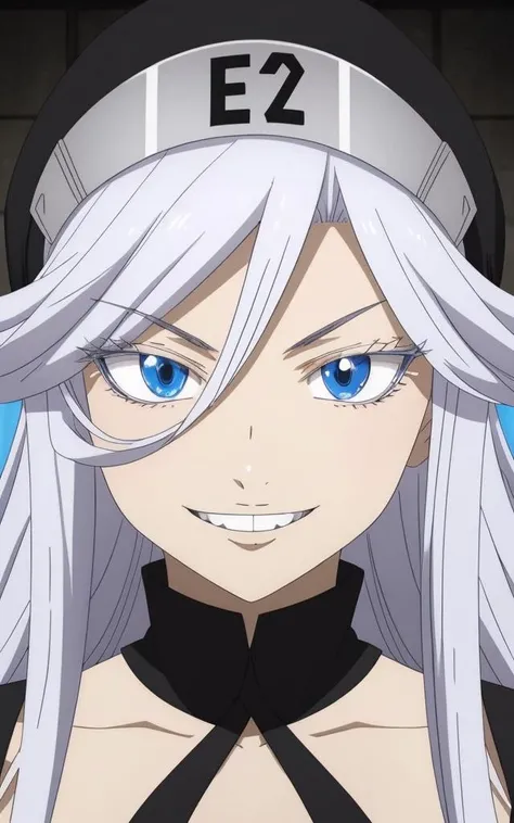 anime, sisry, 1woman, blue eyes, gray eyebrows, long white hair and eyelashes, black lingerie with "E2" on the headpiece, mechanical seam across forehead, smile open mouth, 8k, Unreal Engine 5, octane render, by kyun, gamang, Yoon Gon-Ji, g.ho, gosonjak, shuroop, serious, domi, noah, trending on pixiv, fanbox, skeb, masterpiece, smooth soft skin, big dreamy eyes, beautiful intricate colored hair, symmetrical, anime wide eyes, soft lighting, concept art, digital painting, <lora:sisry:0.55>
