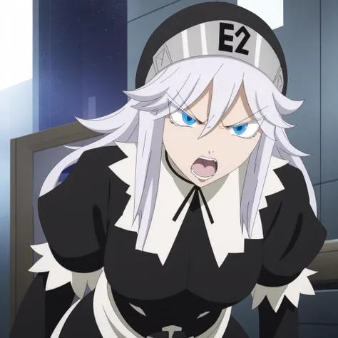 sisry, 1woman, blue eyes, gray eyebrows, long white hair and eyelashes, a long-sleeved black nun's habit with "E2" on the headpiece, knee-length brown boots, mechanical seam across forehead, angry open mouth, 8k, Unreal Engine 5, octane render, by kyun, gamang, Yoon Gon-Ji, g.ho, gosonjak, shuroop, serious, domi, noah, trending on pixiv, fanbox, skeb, masterpiece, smooth soft skin, big dreamy eyes, beautiful intricate colored hair, symmetrical, anime wide eyes, soft lighting, concept art, digital painting, <lora:sisry:0.7>