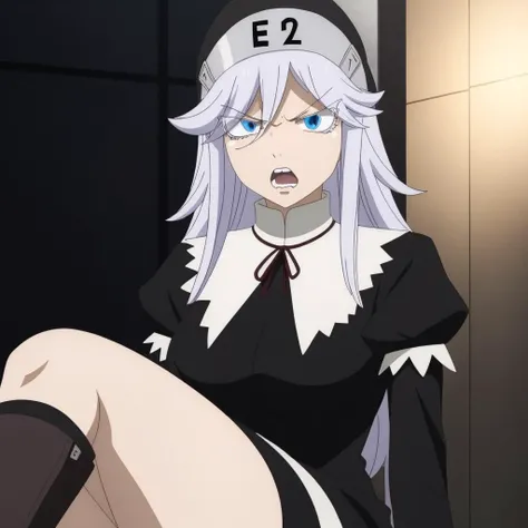 sisry, 1woman, blue eyes, gray eyebrows, long white hair and eyelashes, a long-sleeved black nun's habit with "E2" on the headpiece, knee-length brown boots, mechanical seam across forehead, angry open mouth, 8k, Unreal Engine 5, octane render, by kyun, gamang, Yoon Gon-Ji, g.ho, gosonjak, shuroop, serious, domi, noah, trending on pixiv, fanbox, skeb, masterpiece, smooth soft skin, big dreamy eyes, beautiful intricate colored hair, symmetrical, anime wide eyes, soft lighting, concept art, digital painting, <lora:sisry:0.7>