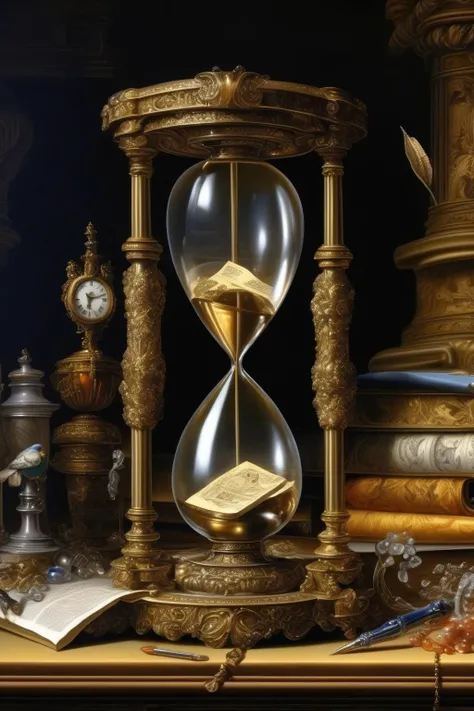 <lora:Pieter Claesz Style:1>Pieter Claesz Style - Behold an hourglass of extraordinary detail, its intricate adornments shimmering under the delicate interplay of light and shadow. Resting on a desk of classical design, each element of the scene is rendered in ultra-realistic style. Various styles and lighting conditions subtly alter the character of the tableau,