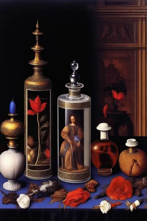 <lora:Pieter Claesz Style:1>Pieter Claesz Style - decorative perfume bottles on a table, sensual, early renaissance paintings, luxury, dark Rogier van der Weyden paintings style