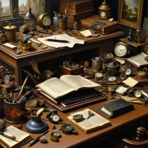 a photo of <lora:Pieter Claesz Style:1> Pieter Claesz Style - messy desk, surreal, high resolution, beautiful, highest quality, masterpiece, highly detailed