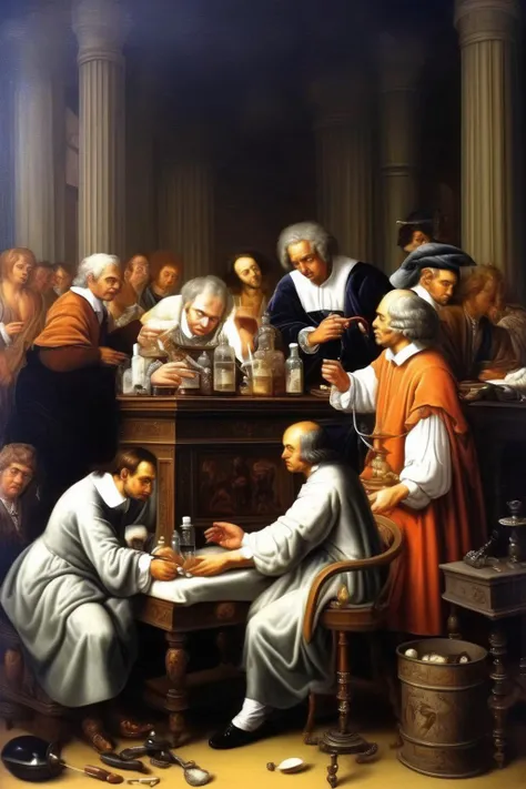 <lora:Pieter Claesz Style:1>Pieter Claesz Style - Oil Paintings, Classical, The court, Aristocrat, Europe, Classical, Hospital, pharmacy, Doctors are treating patients