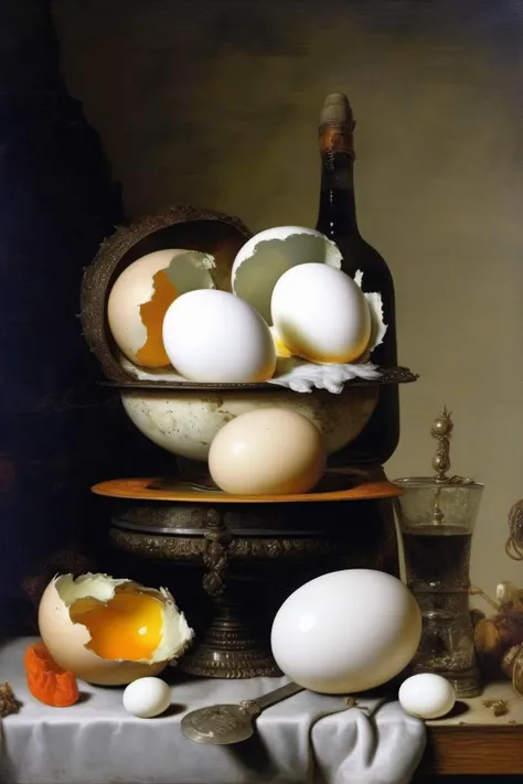 <lora:Pieter Claesz Style:1>Pieter Claesz Style - A 1628 dutch still life painting by Willem Claesz. Heda of one giant white egg