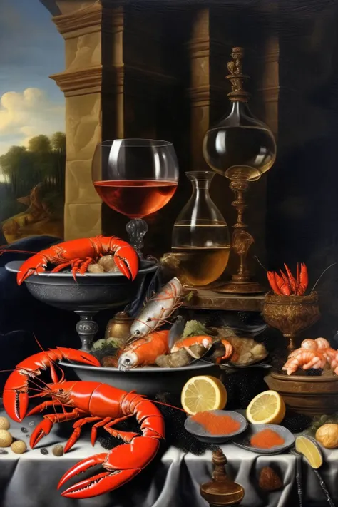 <lora:Pieter Claesz Style:1>Pieter Claesz Style - still life in the style of Renaissance paintings, on the table are seafood, lobsters, red fish, black caviar, white wine in a crystal jug, in the interior of a medieval palace