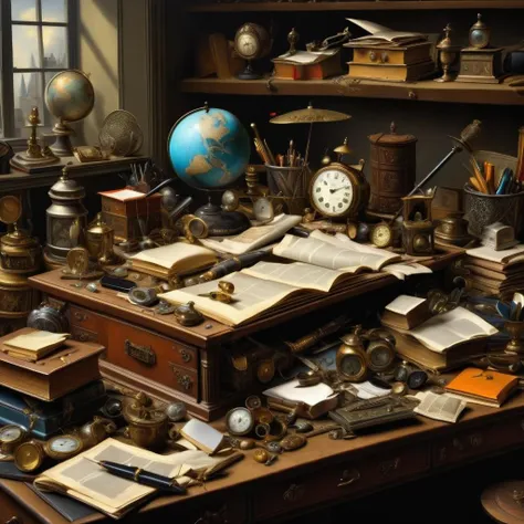 a photo of <lora:Pieter Claesz Style:1> Pieter Claesz Style - messy desk, surreal, high resolution, beautiful, highest quality, masterpiece, highly detailed
