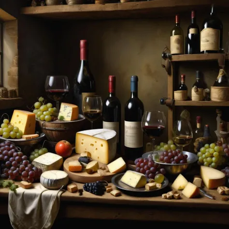 a photo of <lora:Pieter Claesz Style:1> Pieter Claesz Style - messy kitchen, wine, cheese, vino, surreal, high resolution, beautiful, highest quality, masterpiece, highly detailed