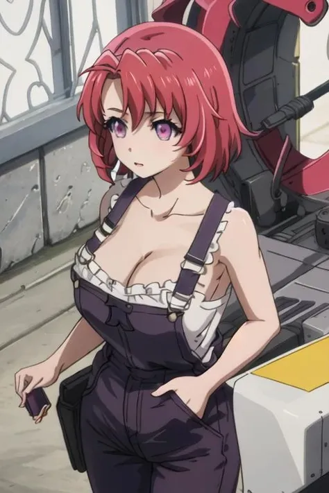 best quality, masterpiece, highres, solo, {cow_girl_goblinslayer:1.15}, short_hair, red_hair, pink_eyes, purple_eyes, collarbone, breasts, 1girl, cleavage, head_out_of_frame, medium_breasts, overalls, anime_coloring