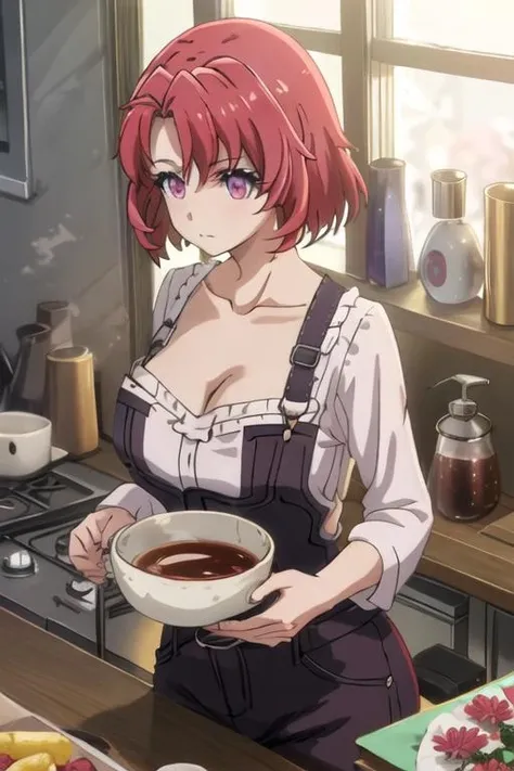One person, Cowgirl \(Goblin Slayer!\), Goblin Slayer!, Redhead, short hair, Red Eye, Overalls, Ruffled white shirt, belt, Making cream stew、牧場 break Perfect lighting, (perfect hand, perfect anatomy), Precise depiction、Vibrant colors