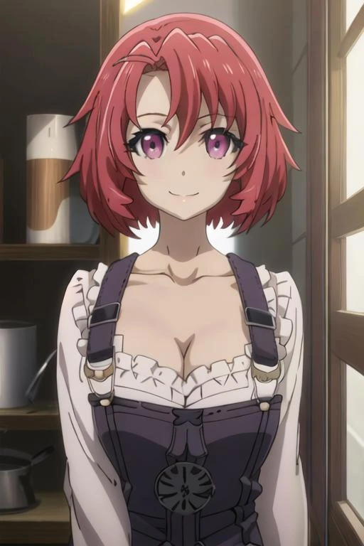 best quality, masterpiece, High resolution, Solitary, {dairy cow_girl_Goblin Slayer:1.15}, short_hair, Red_hair, pink_Eye, purple_Eye, clavicle, breast, 1girl, Japanese cartoons_dyeing, shirt, superior_Body, cleveage, close_Mouth, Watching_exist_Viewer, Moderate_breast, Work clothes, Smile, hair_between_Eye, White_shirt, Bangs,(抓breast:1.4),