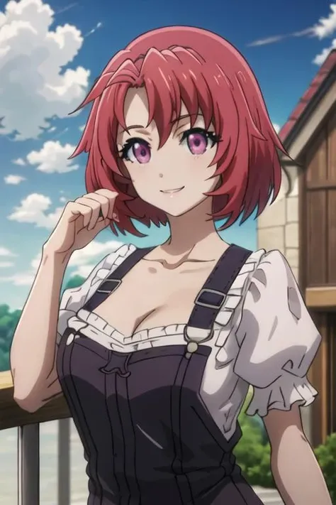 best quality, masterpiece, highres, solo, {maid:1.40}, {long maid dress:1.15}, {cow_girl_goblinslayer:1.15}, short_hair, red_hair, pink_eyes, purple_eyes, collarbone, breasts