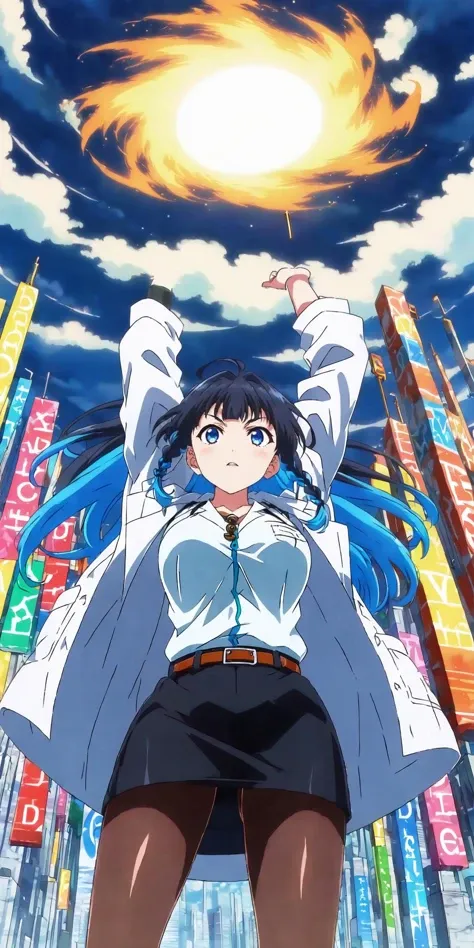 anime artwork civitchan arms raised up holding a ((destructo disk)) in both hands over head , bangs, belt, black hair, black skirt, blue eyes, blue hair, blunt bangs, braid, breasts, brown pantyhose, girl, coat, collared shirt, colored inner hair, labcoat, lips, long hair, lookimulticolored hair, open clothes, pencil skirt, standing, two-tone hair, white shirt,  upper body, looking up, simple background, outdoors, ((from below angle)), extremely detailed, solo, (SFW) <lora:Perfect Hands v2:1> <lora:DetailedEyes_V3:1> <lora:destructo disk:1> <lora:SDXLCivitaiChanBday:1> . anime style, key visual, vibrant, studio anime,  highly detailed