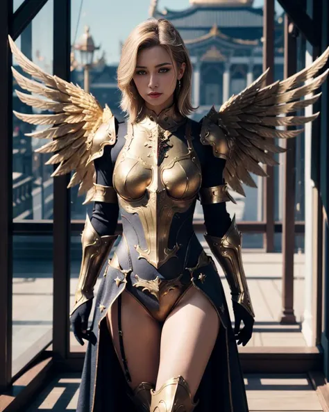 1girl wearing paladin_glam armor,cowboy shot,beautiful face,blonde long hair,looking at viewer,agf,(giant golden wings:1.2),<lora:valkyries_edg:0.8>,otudoors,day,glorious temple,godrays,depth of field,
masterpiece,best quality,highres,absurdres,photorealistic,realistic,extremely detailed 8k wallpaper,intricate details,highest detailed,8k,HDR,ultra detailed,professional light,cinematic lighting,fashion photography,ambient lighting,face lighting,