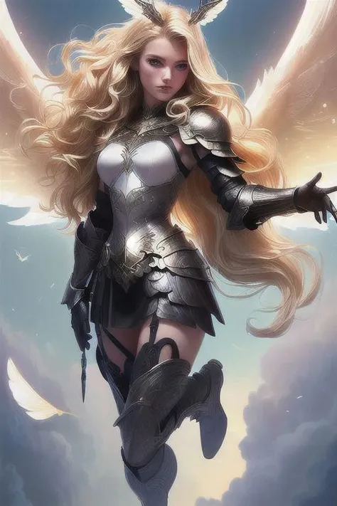 super realistic image, high quality uhd 8K, of 1 beautiful girl, detailed realistic (((skinny body, high detailed))), ((skinny waist)), ((model tall)), ((long blonde wavy hair)), high detailed realistic skin, ((black armor fantasy valkyries, intrincate details)), ((large white wings)), ((suspended in the air, in levitation, ascending)), ((full body)),1girl,