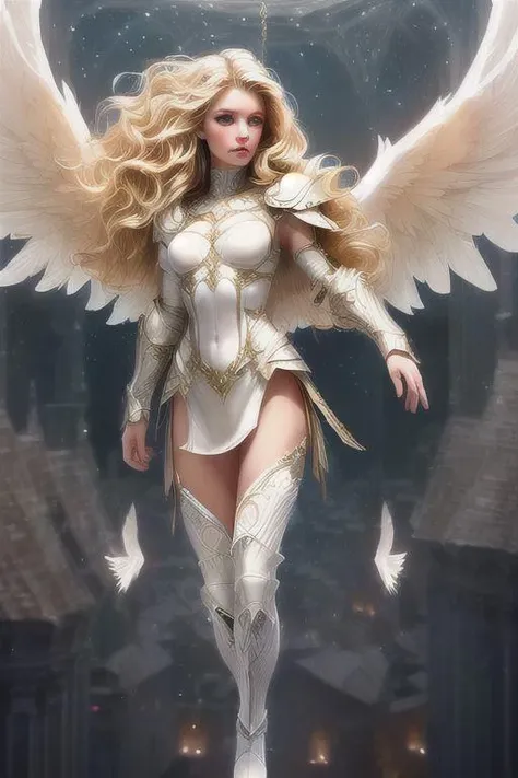 super realistic image, high quality uhd 8K, of 1 beautiful girl, detailed realistic (((skinny body, high detailed))), ((skinny waist)), ((model tall)), ((long blonde wavy hair)), high detailed realistic skin, ((white armor fantasy valkyries, intrincate details)), ((large white wings)), ((suspended in the air, in levitation, ascending)), ((full body)),1girl,