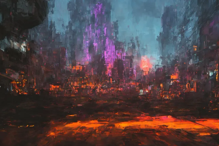 painting of a cyberpunk city burning to the ground, neon lights, intricate, highly detailed, post-apocalypse, desolate, monochrome, purple and red, absurdist, (acrylic paint:1.3), (brush strokes:1.1), art by desolation 2