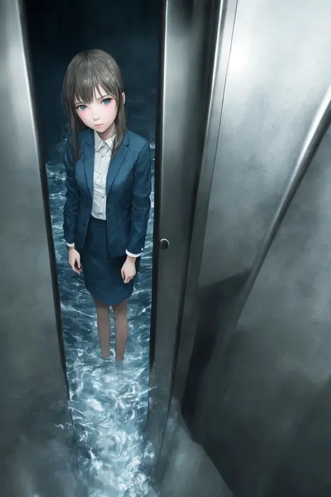 girl standing in an elevator with water flooding into it, (from above:1.2), high angle, (ultra detailed face and eyes:1.1), business casual, mirror, colorful, raytracing, water, panic, detailed, intricate, unique composition, monochrome, silver and gray, art by casey baugh and range murata, art by desolation 2