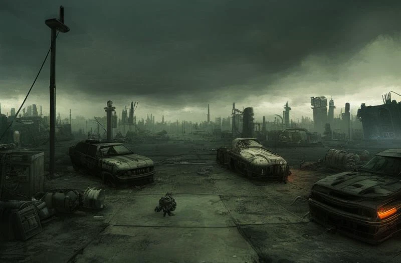 post apocalyptic cyber punk junkyard, dark scifi style, black clouds of smoke, oil floor, hyper realistic, deviant art trend, cyborg cemetery greg rutkowski art poster swamp town