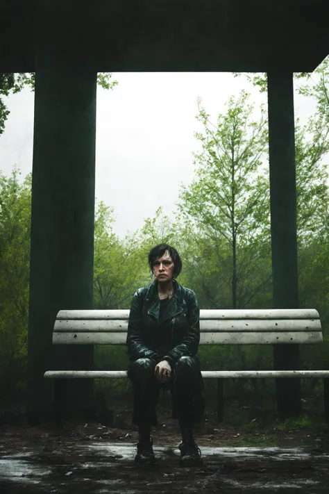 A sad looking woman sitting on a bench in a abandoned city park, covered in grime, dirty, intricate, highly detailed, post-apocalypse, desolate, (rain:1.1), raytracing, beautiful lighting, heavy contrast, godrays, modernist expressionism, acrylic paint, brush strokes, art by desolation 2