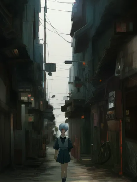 masterpiece portrait of Rei Ayanami \(evangelion\), evangelion \(Hideaki\), high resolution illustration, red eyes, feminine, no pupils, blue hair,  short hair, japanese school uniform, cyberpunk, cityscape, city lights, streets, alleyway, outdoors, slums, apocalypse