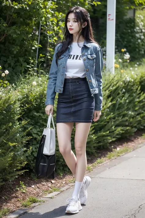 (1 girl:1.3),(solo:1.4),(full body:1.3),delicate, masterpiece,(small head), (photorealistic:1.3),forest,medium skirt, white tshirt, denim jacket, long hair ,mature_female, (narrow waist:1.4),dynamic pose, socks, sneakers