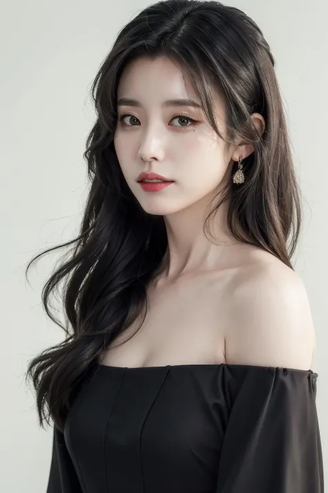 Best quality, masterpiece, ultra high res, (photorealistic:1.4), raw photo,1girl, solo, realistic, looking at viewer, long hair, close-up, simple background, brown eyes, black dress, off shoulder