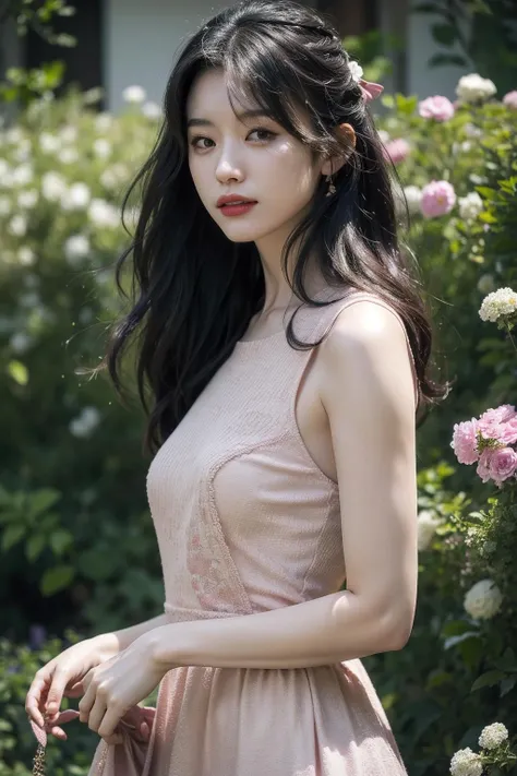 Best quality, masterpiece, ultra high res, (photorealistic:1.4), raw photo, 1girl, long hair, outdoor, closeup, looking at viewer,flowers on hair, flower garden, overcast, pink dress, dynamic pose