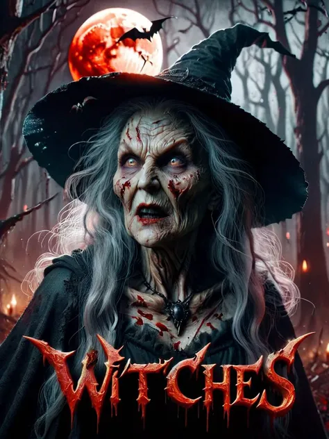 "WITCHES" text logo, caligraphic letter style, poster <lora:Harrlogos_v1.1:0.8> closeup shot of old witch in mythical forrest with bats and a blood moon in the background <lora:ral-wtchz-sdxl:0.7> ral-wtchz