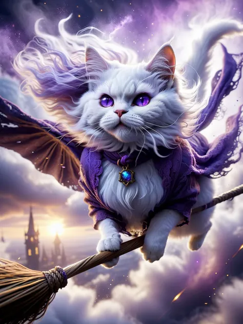 A fluffy white cat perched on a broomstick, flying through a cloud of purple smoke, its fur crackling with magical energy. ral-wtchz <lora:ral-wtchz:0.8> <lora:EnvyBetterHiresFixXL01:0:hr=1>
