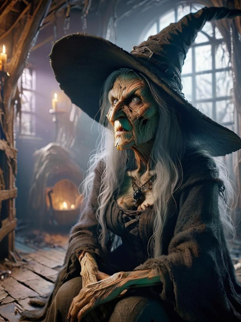 A woman dressed as a witch sitting in a room with candles - SeaArt AI