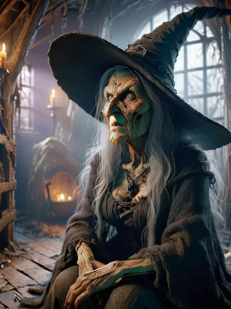 a witch sitting in her rotten magical house, lookingt at viewer, wide shot, ral-wtchz <lora:ral-wtchz:0.7>