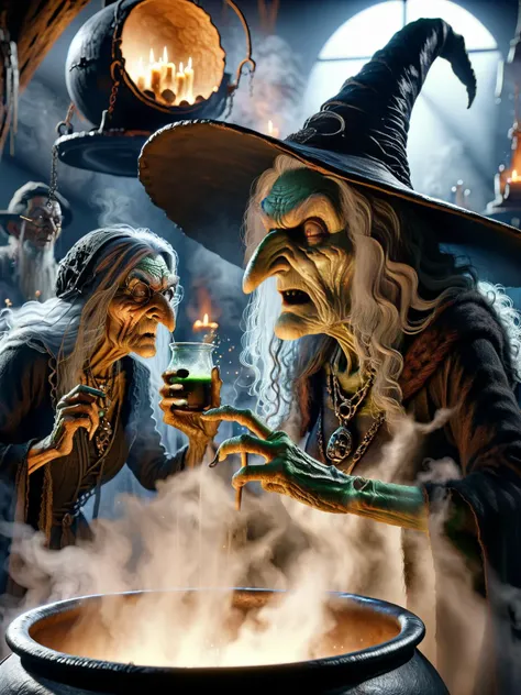 A group of witches playing a game of poker, using ingredients like bat wings, frog legs, and eye of newt as chips. ral-wtchz <lora:ral-wtchz:0.9> <lora:EnvyBetterHiresFixXL01:0:hr=1>