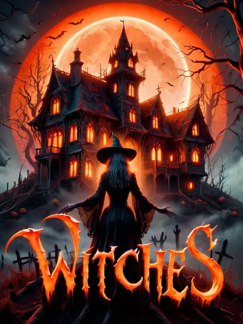 "WITCHES" text logo, caligraphic letter style, poster <lora:Harrlogos_v1.1:0.8> a witch standing in front of glowing haunted house on a hill with bright orange and red moon <lora:ral-wtchz-sdxl:0.7> ral-wtchz