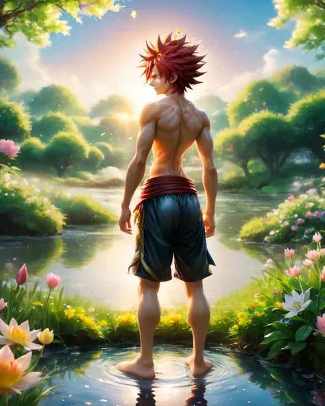 (male natsu dragneel:1.3), looking at viewer, weak, (very thin:1.15), (wet extreme long hair:1.15), (tiny hips:1.25), (firm wet boxer shorts:1.15), (nsfw:1.15), fine skin texture, huge ass, ass close up from below, kneeling in grass, colorfull blooming flower garden, sunrise, light rays, water reflections, digital art, masterpiece, HDR, 8k, RTX, highly detailed <lora:loha_gothic_sdxl:0.6> <lora:SDXL Detail:-1.00>