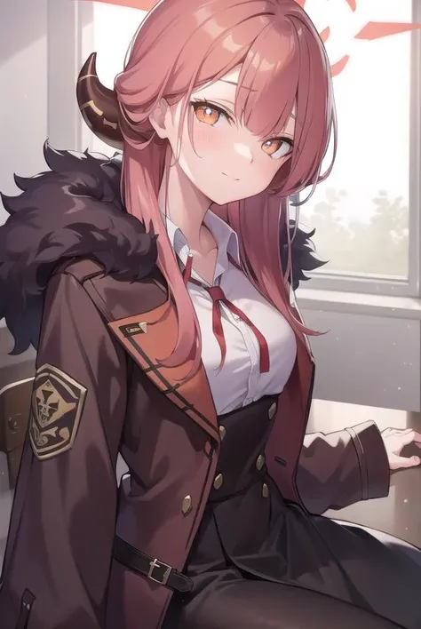 bluearchivearu, <lyco:bluearchivearu-lyco-nochekaiser:1>, 
aru, halo, horns, long hair, (orange eyes:1.5), pink hair, bangs, blunt bangs,
BREAK black footwear, coat, collarbone, high heels, horns, long sleeves, red coat, shirt, white shirt, fur trim,
BREAK looking at viewer, 
BREAK indoors, classroom,
BREAK <lyco:GoodHands-beta2:1>, (masterpiece:1.2), best quality, high resolution, unity 8k wallpaper, (illustration:0.8), (beautiful detailed eyes:1.6), extremely detailed face, perfect lighting, extremely detailed CG, (perfect hands, perfect anatomy),