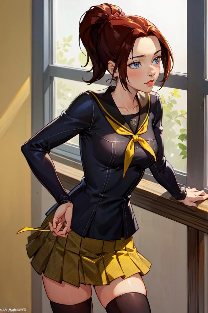 <lora:CARTOON_X_MEN_Evolution_KittyPryde_ownwaifu:0.7> KittyPryde_Dress_ownwaifu, 1girl, brown hair, ponytail, jewelry, blue eyes, lipstick,long sleeves, lips, long hair, medium breasts, blush, hair bun, <lora:YasogamiSchoolUniform:1> YasogamiFemaleWinter, black shirt, long sleeves, black sailor collar, yellow neckerchief, grey skirt, black thighhighs,, absurdres, ultra detailed, masterpiece, best quality, aesthetic, detailed,