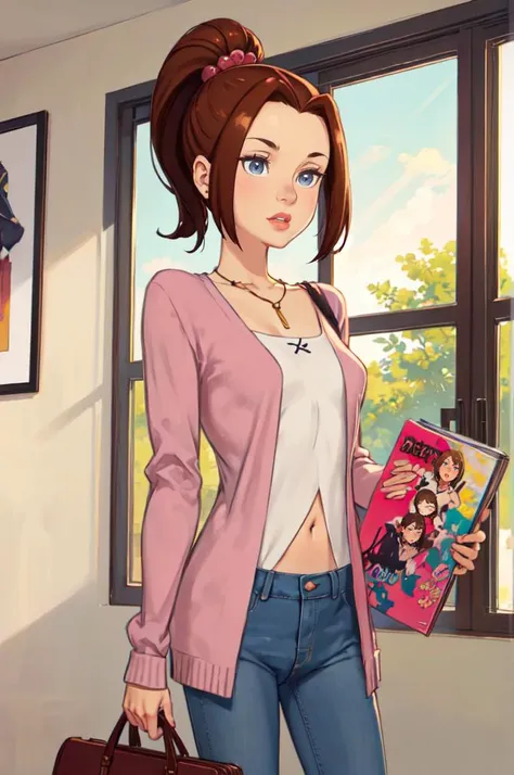 <lora:CARTOON_X_MEN_Evolution_KittyPryde_ownwaifu:0.7> KittyPryde_Dress_ownwaifu, 1girl, brown hair, ponytail, necklace, jewelry, blue eyes,  lipstick,long sleeves, lips, long hair, medium breasts, blush, hair bun, scrunchie, makeup, red lips, hair ornament, jeans, denim,  shirt, blue pants, navel, capri pants, pink jacket, cardigan,  <lora:kuroboshi_kouhaku_style_v01:1>, absurdres, ultra detailed, masterpiece, best quality, aesthetic, detailed,