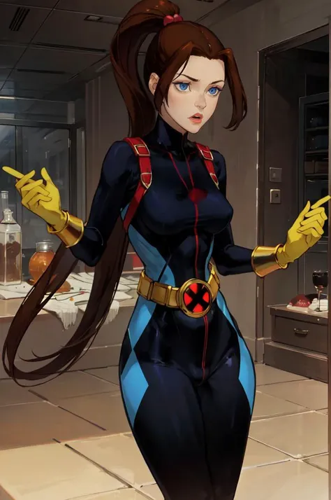 <lora:CARTOON_X_MEN_Evolution_KittyPryde_ownwaifu:0.7> KittyPryde_Shadowcat_ownwaifu, 1girl, brown hair, ponytail, lipstick, blue eyes, makeup, hair ornament, red lips, long hair, breasts, high ponytail, hair bobbles, medium breasts, gloves, belt, bodysuit, yellow gloves, <lora:nishiide_kengorou_style_v01:0.8>, absurdres, ultra detailed, masterpiece, best quality, aesthetic, detailed,